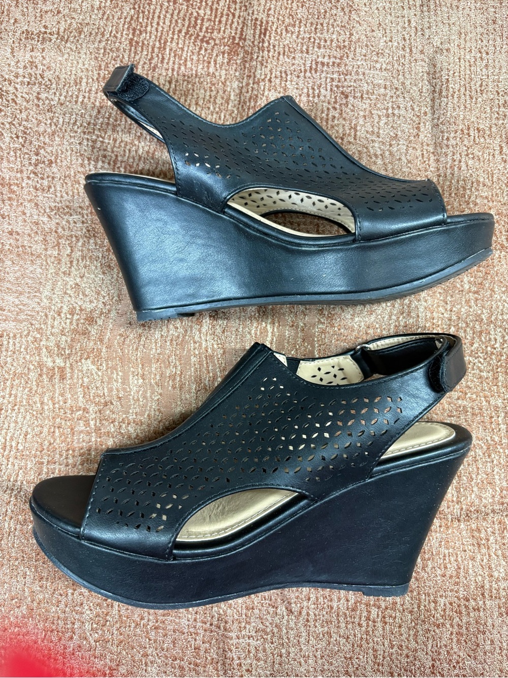 Black Wedge Sandals for Women - Sleek Perforated Design